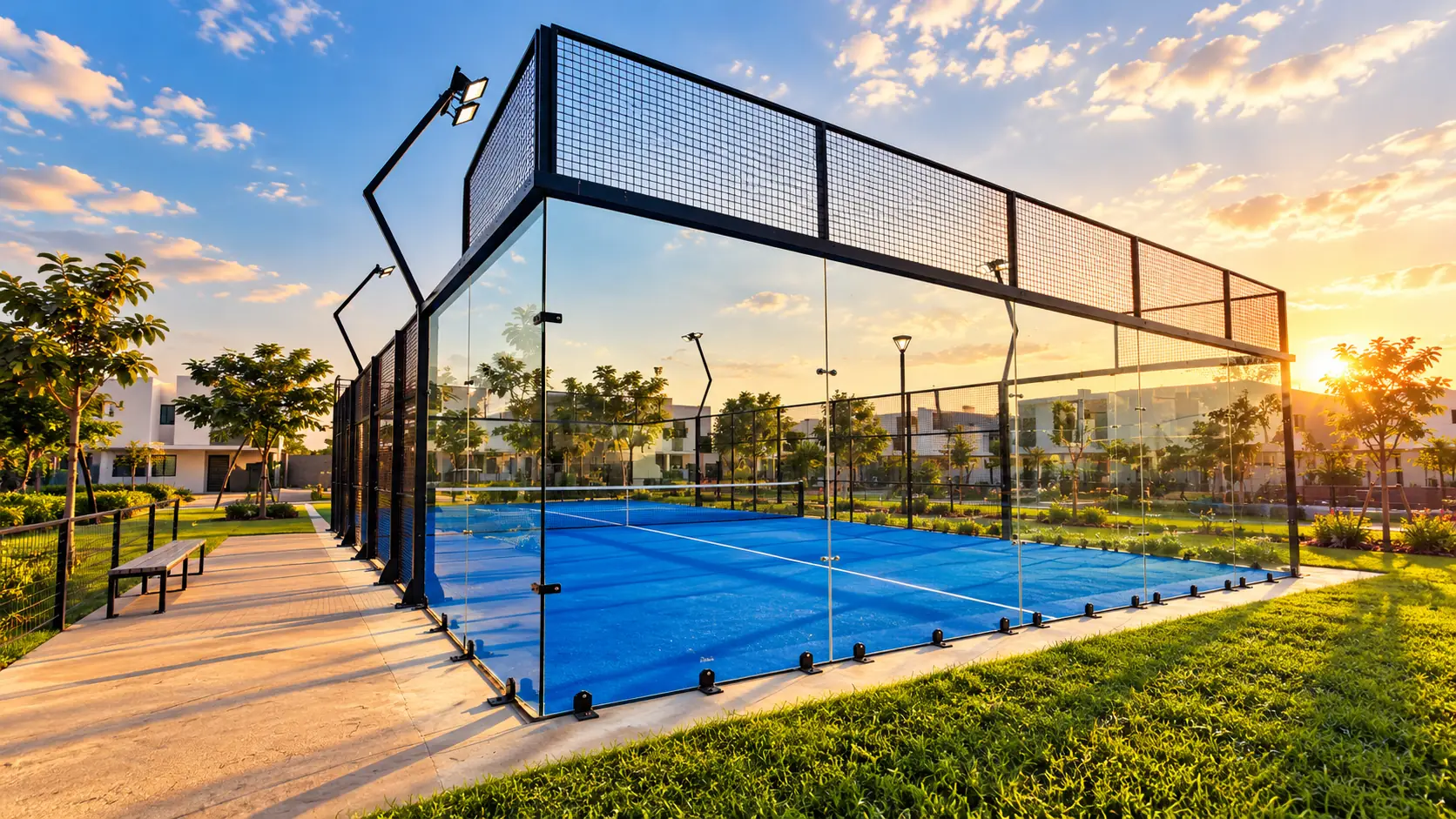 Cancha de pádel con vidrios templados y malla perimetral